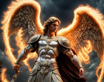 A person in armor with wings and a sword

Description automatically generated