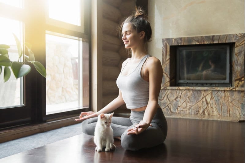 A person sitting in a yoga pose with a cat

Description automatically generated