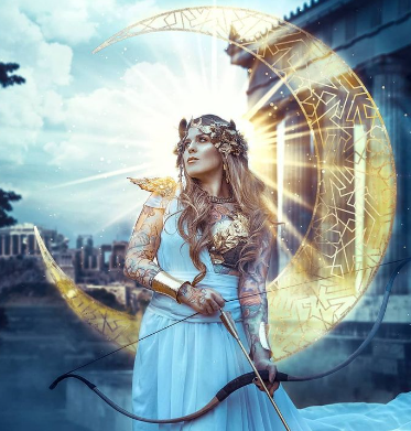 A person in a white dress holding a bow and arrow

Description automatically generated