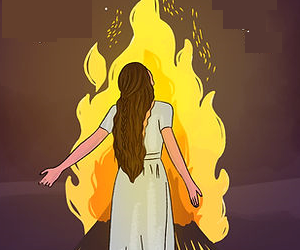 A person standing in front of a fire Description automatically generated