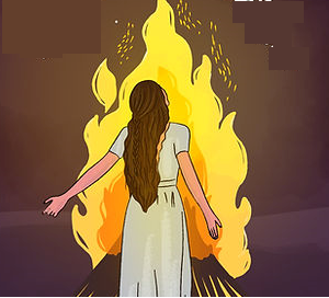 A person standing in front of a fire Description automatically generated